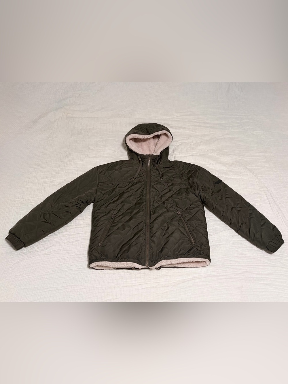 Lucky Brand Reversible Hooded Jacket XS Olive Green Cream Sherpa Quilted FullZip